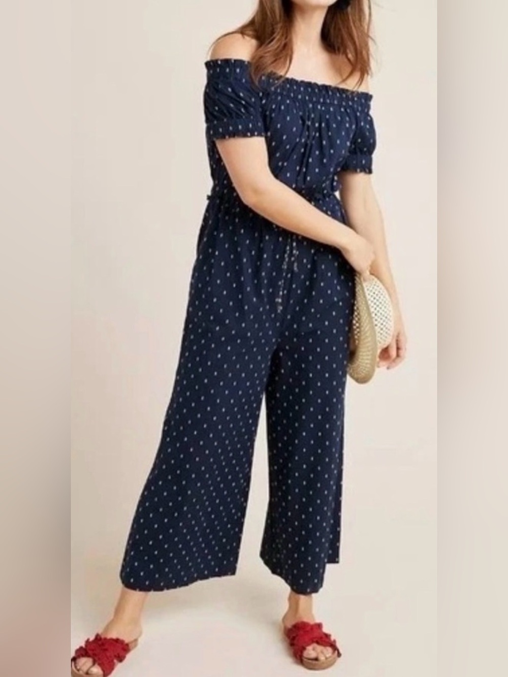 Anthropologie Navy Polka-Dot Wide-Leg Jumpsuit